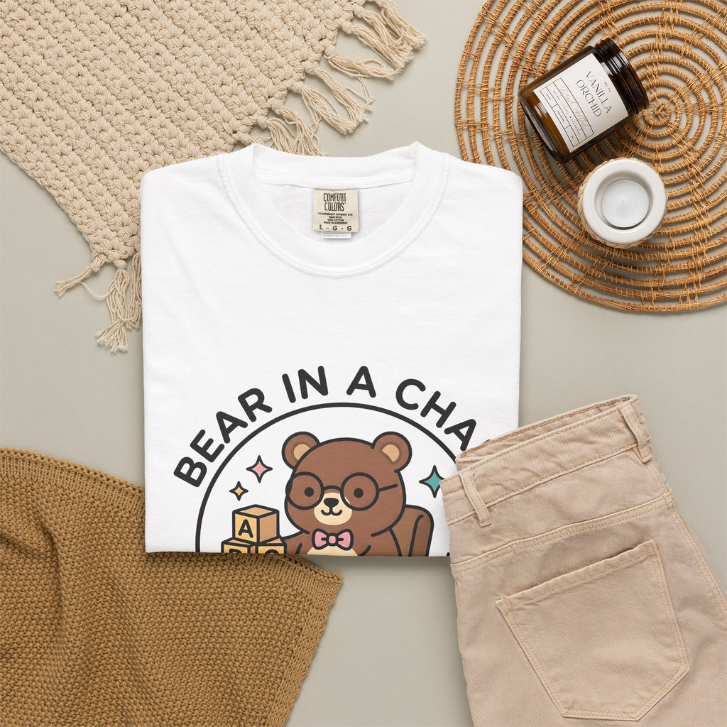 Bear Seat T-Shirt Teachers Education Gift Women Adorable T-Shirt Chair T-Shirt Educator Enthusiast Learning T-Shirt Educational Graphic Comic