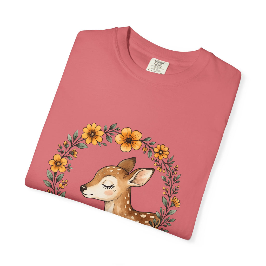 Fawn Boho Chic Forest Gift Sketch Deer Bohemian Fan Drawing Woods Pastel Flower Crown T-Shirt