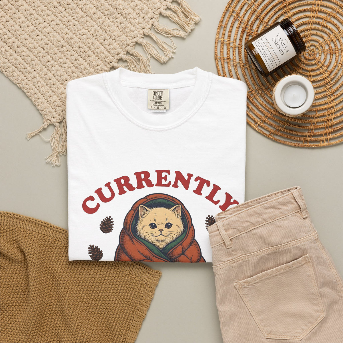 Warm Cat T-Shirt Cat Backpacking Gift Women Farmhouse T-Shirt Kitty T-Shirt Feline Fan Rustic T-Shirt Hiking Graphic Line Art Conifer Cones T-Shirt