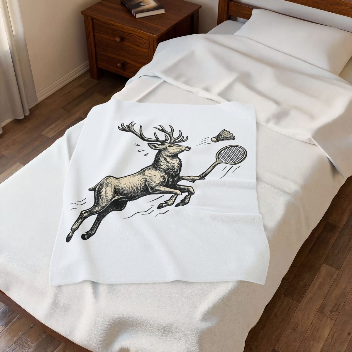 Fawn Badminton Blanket Sports Fauna Gift Women Doodle Blanket Shuttlecock Blanket Athlete Fan Hand Drawn Blanket Wildlife Graphic Silhouette Bat