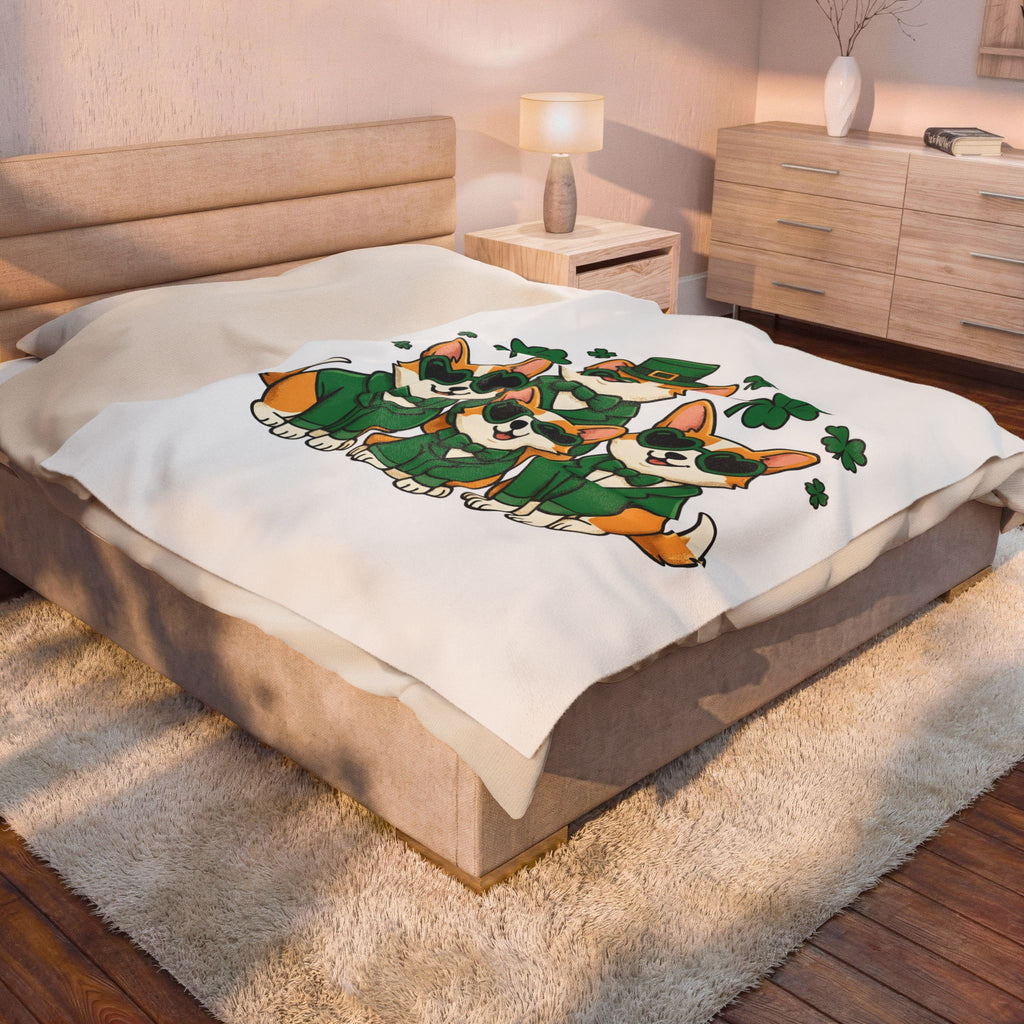 Corgi Puppies Blanket St Patrick's Day Pet Owner Gift Women Comic Blanket Puppy Blanket Shamrock Fan Cartoon Blanket Dog Mom Graphic Chibi Clover