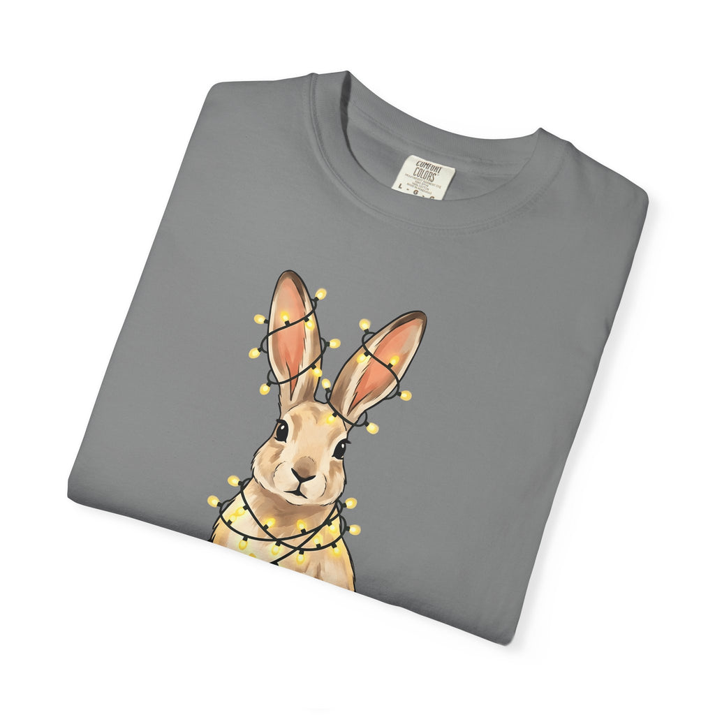 Bunny T-Shirt Animals Holiday Gift Women Cute T-Shirt Rabbit T-Shirt Pet Fan Cute T-Shirt Christmas Graphic Hand Drawn String Lights T-Shirt