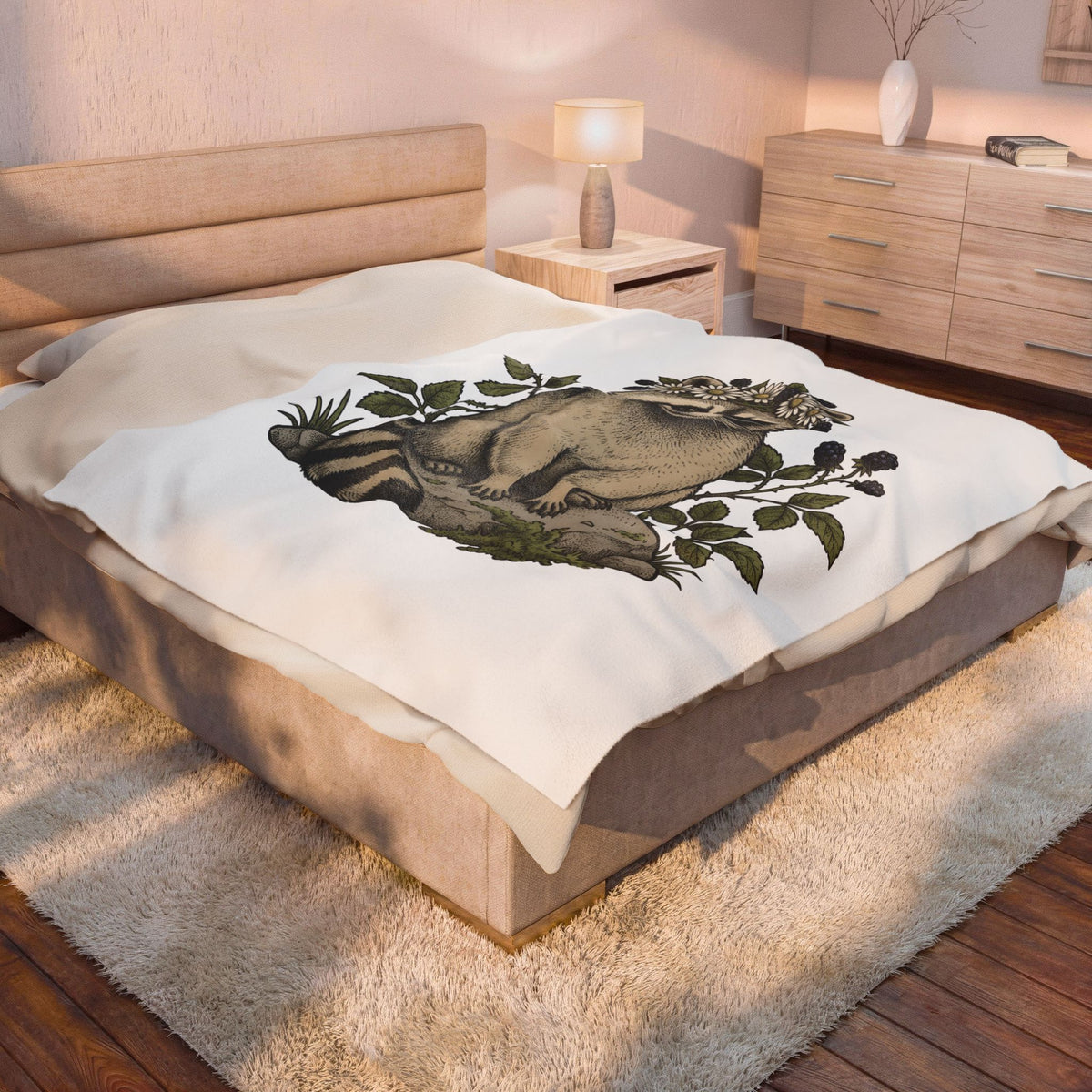 Raccoon Blossom Crown Blanket Animal Greenery Gift Women Natural Blanket Raccoon Crown Blanket Wildlife Fan Botanical Blanket Foliage Graphic Hand