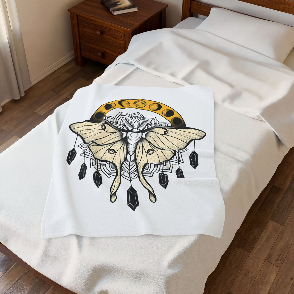 Luna Moth Blanket Boho Chic Mystical Gift Women Mandala Blanket Moon Moth Blanket Hippie Fan Sacred Blanket Spiritual Graphic Line Art Moon Phases