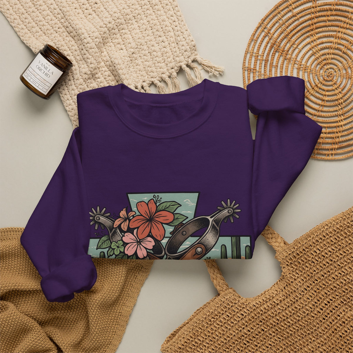 Leather Spurs Sweatshirt Cowgirl Garden Gift Women Tribal Sweatshirt Rowels Sweatshirt Cowboy Fan Primitive Sweatshirt Gardening Graphic Sketch Desert Plants