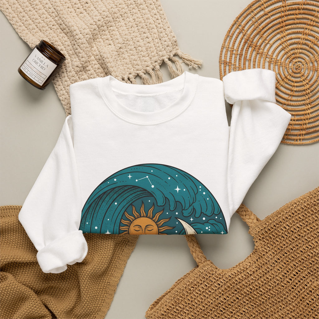 Sun Moon Sea Celestial Horoscope Gift Folk Ocean Astrology Enthusiast Bohemian Zodiac Rustic Star Sweatshirt