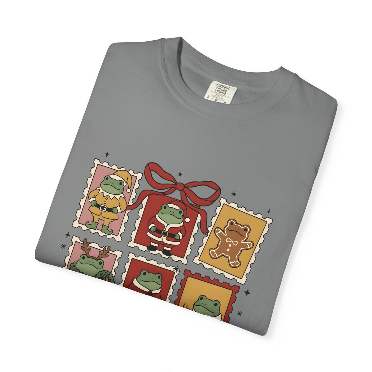 Frog Holiday Stamps T-Shirt Christmas Pets Gift Women Cute T-Shirt Toad T-Shirt Christmas Fan Kawaii T-Shirt Animal Graphic Vintage Festive Wreath