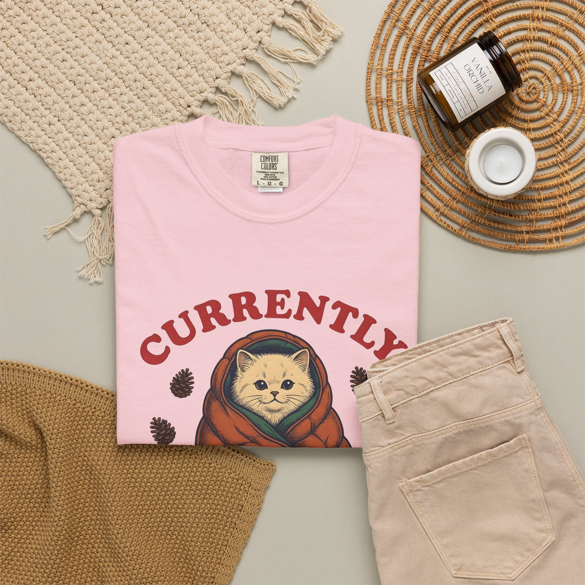 Warm Cat T-Shirt Cat Backpacking Gift Women Farmhouse T-Shirt Kitty T-Shirt Feline Fan Rustic T-Shirt Hiking Graphic Line Art Conifer Cones T-Shirt