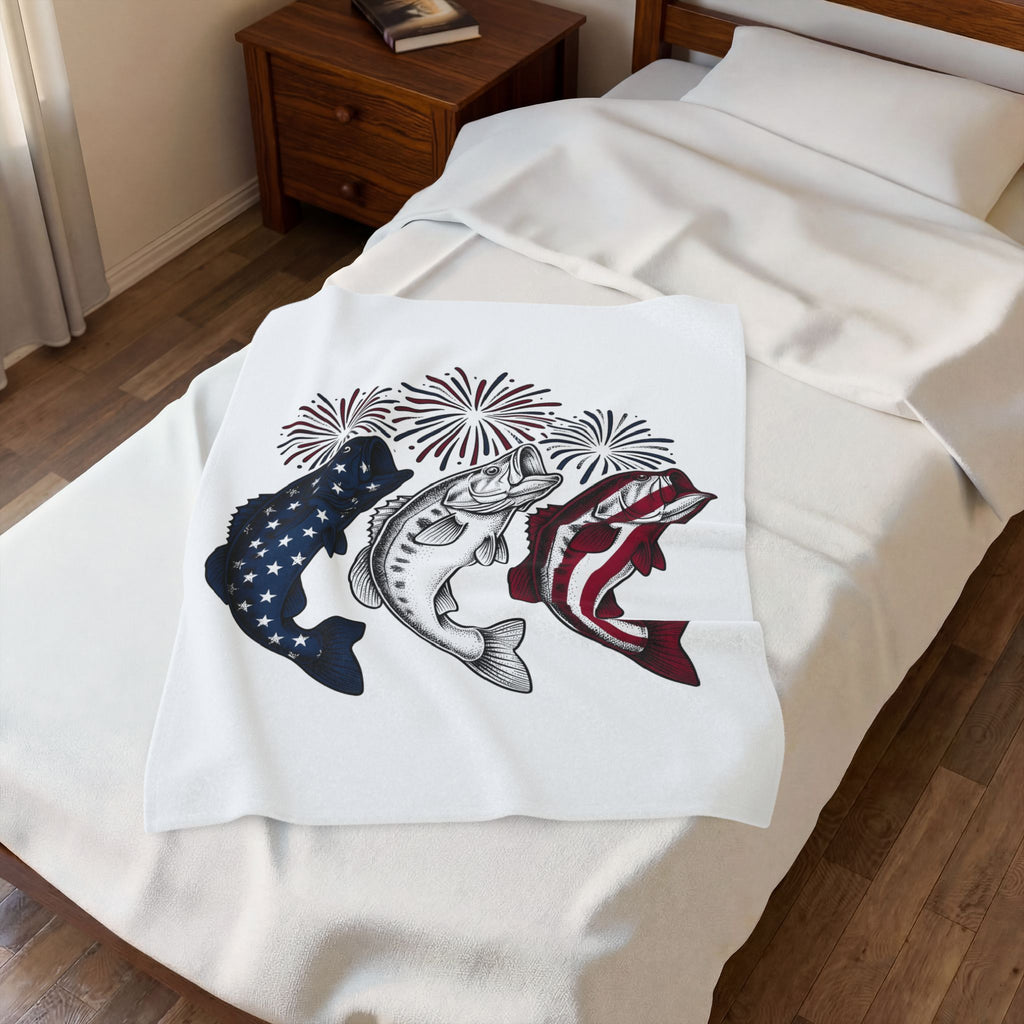 Usa Bass Fish Blanket 4th Of July Fishery Gift Women Rustic Blanket Bass Blanket Independence Day Fan Country Blanket Fishing Graphic Line Art