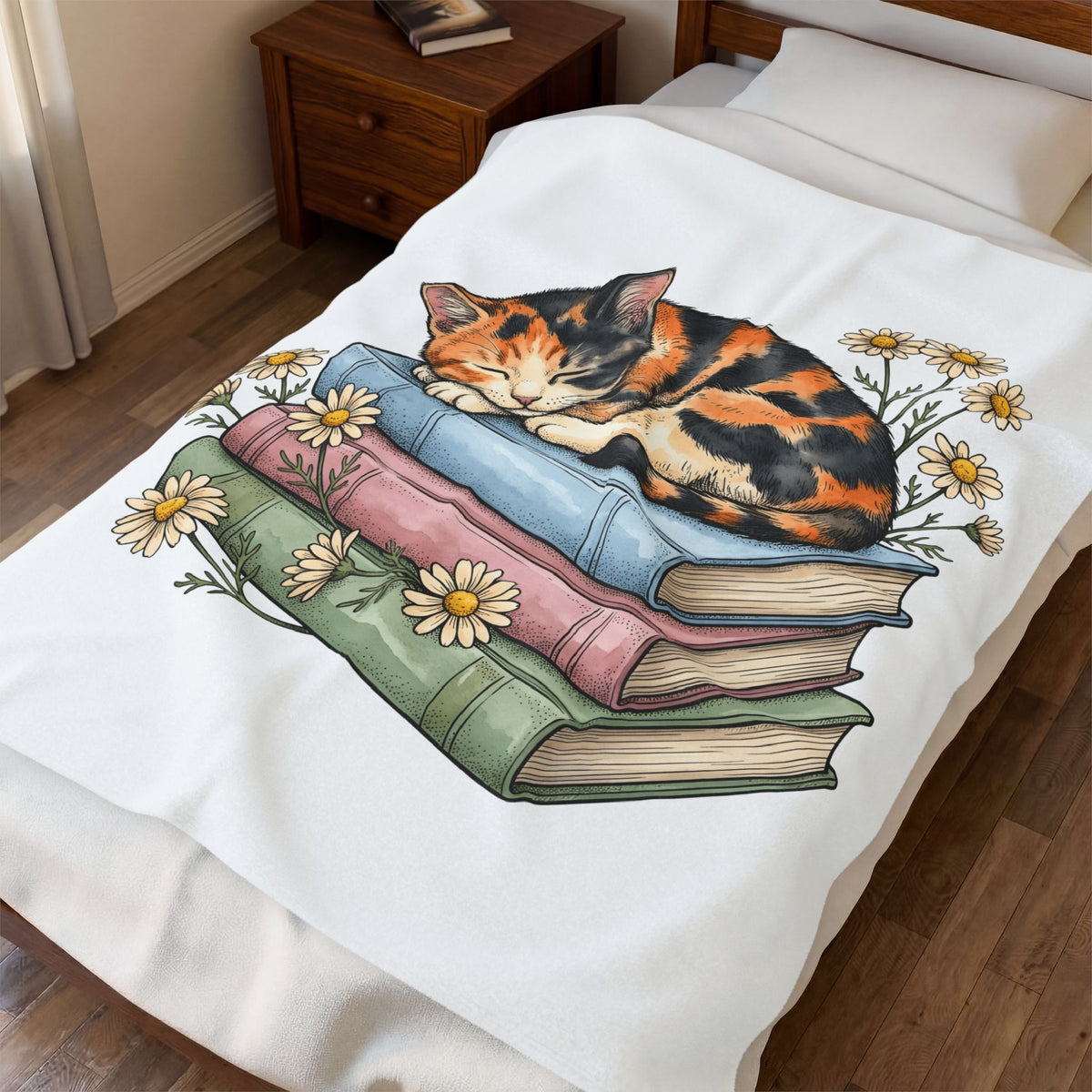 Calico Cat Blanket Cat Floral Gift Women Hand Drawn Blanket Kitten Blanket Cat Fan Illustrated Graphic Vintage Books Blanket