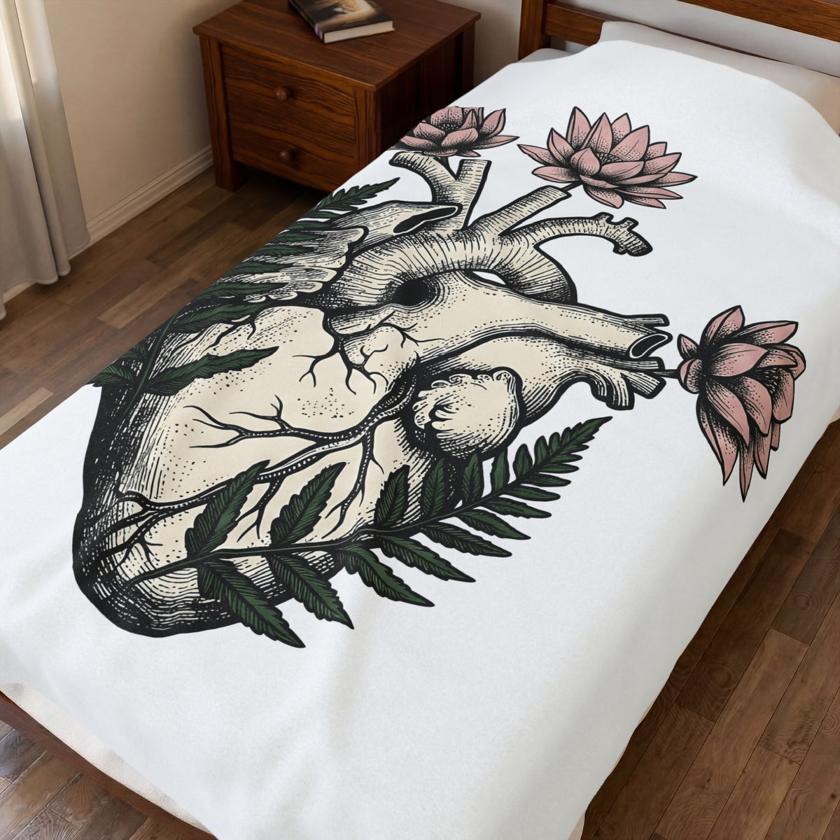Heart Bloom Blanket Boho Chic Environment Gift Women Natural Blanket Flower Blanket Bohemian Fan Organic Graphic Illustration Sketch Foliage