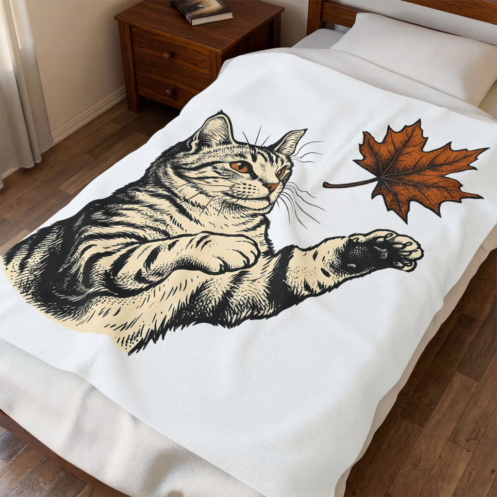 Tabby Cat Blanket Cat Autumn Gift Women Vintage Blanket Kitty Blanket Feline Fan Retro Blanket Fall Graphic Hand Drawn Maple Leaf Blanket