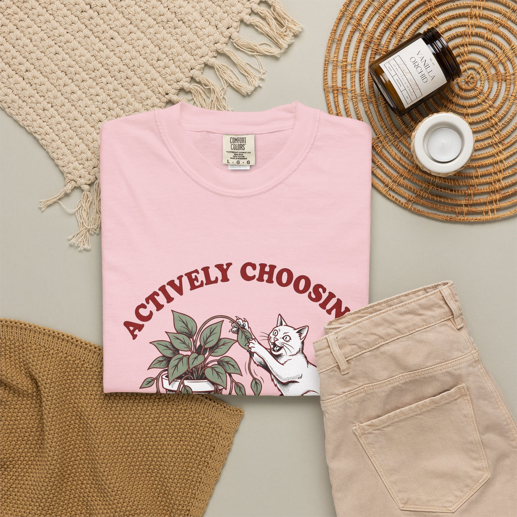 Feline Foliage T-Shirt Cat Comedy Gift Women Classic T-Shirt Cat Foliage T-Shirt Cat Fan Vintage T-Shirt Humor Graphic Ink Drawing Potted Plant