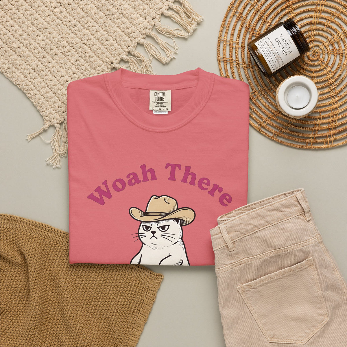 Cowboy Feline T-Shirt Funny Critter Gift Women Hand Drawn T-Shirt Cat T-Shirt Humor Fan Illustrated T-Shirt Animal Graphic Classic Headwear T-Shirt