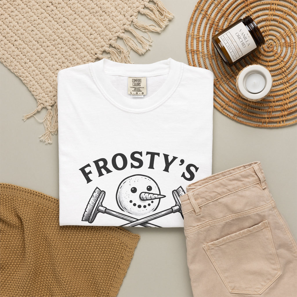 Snowman Face T-Shirt Christmas Exercise Gift Women Old School T-Shirt Frosty T-Shirt Xmas Fan Retro T-Shirt Fitness Graphic Outline Brush Broom