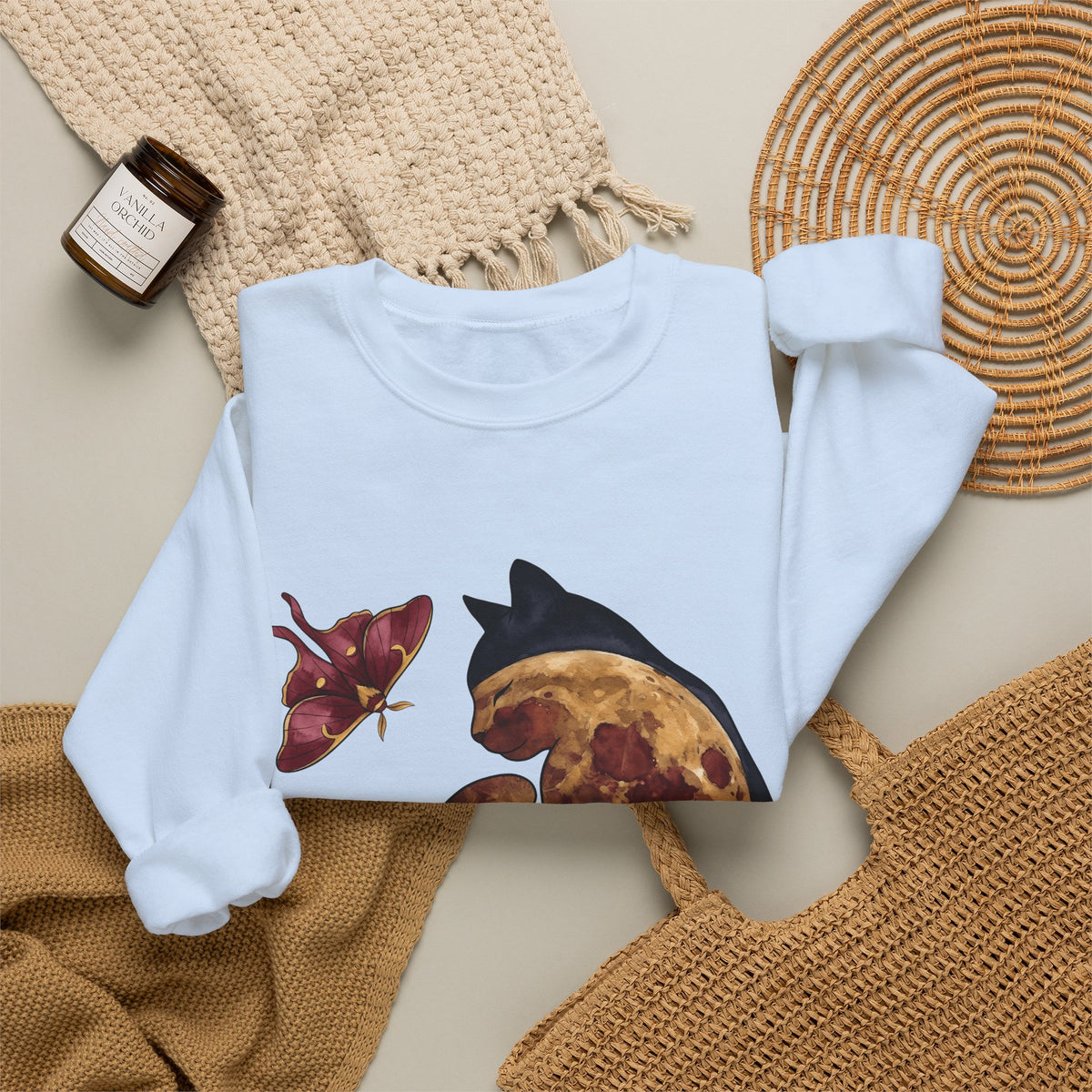 Night Cat Sweatshirt Cat Cosmos Gift Women Paint Sweatshirt Kitty Sweatshirt Cat Fan Artistic Sweatshirt Universe Graphic Galaxy Moth Sweatshirt