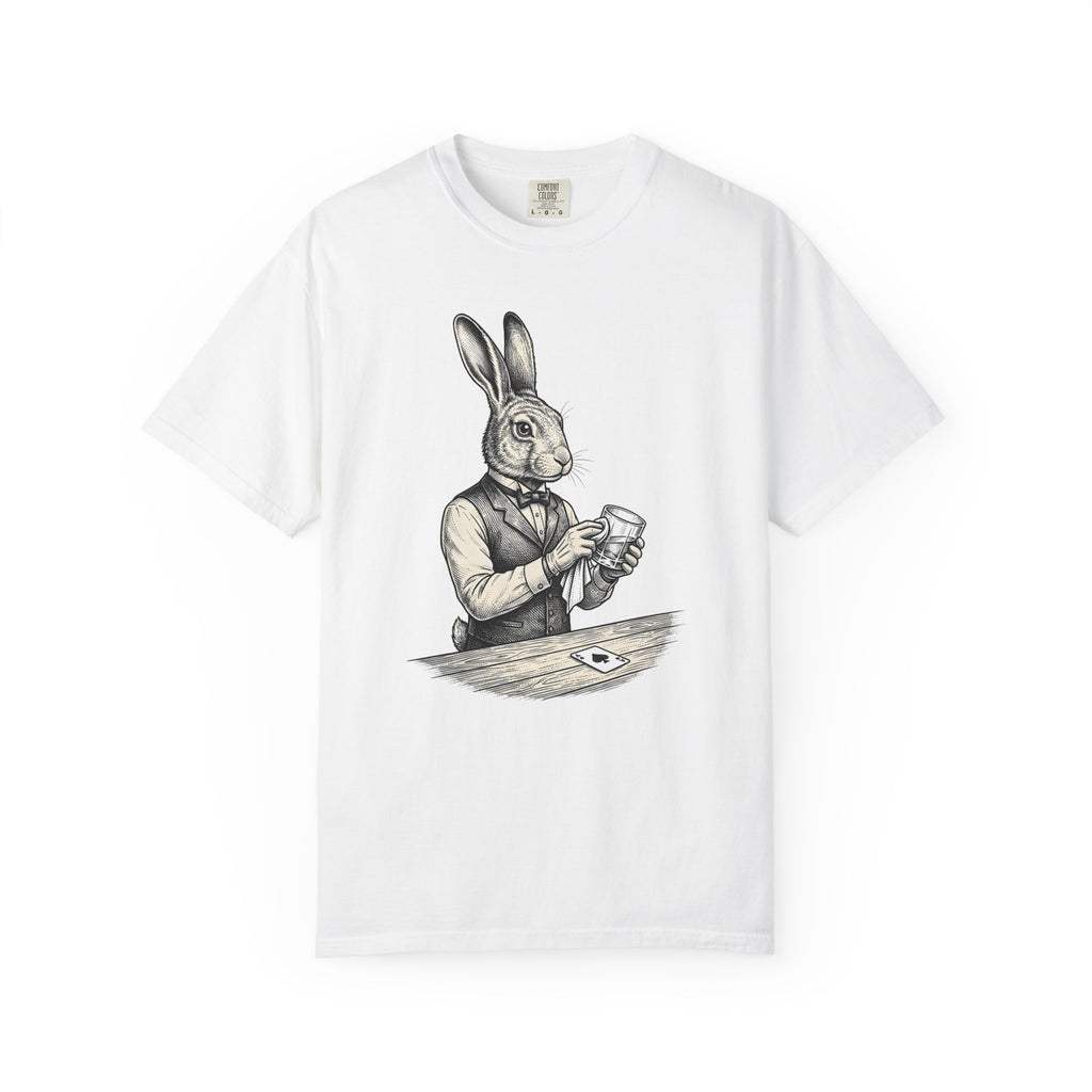 Rabbit Bartender T-Shirt Animal Bar Gift Women Vintage T-Shirt Bunny T-Shirt Pet Fan Retro T-Shirt Pub Graphic Hand Drawn Playing Card T-Shirt