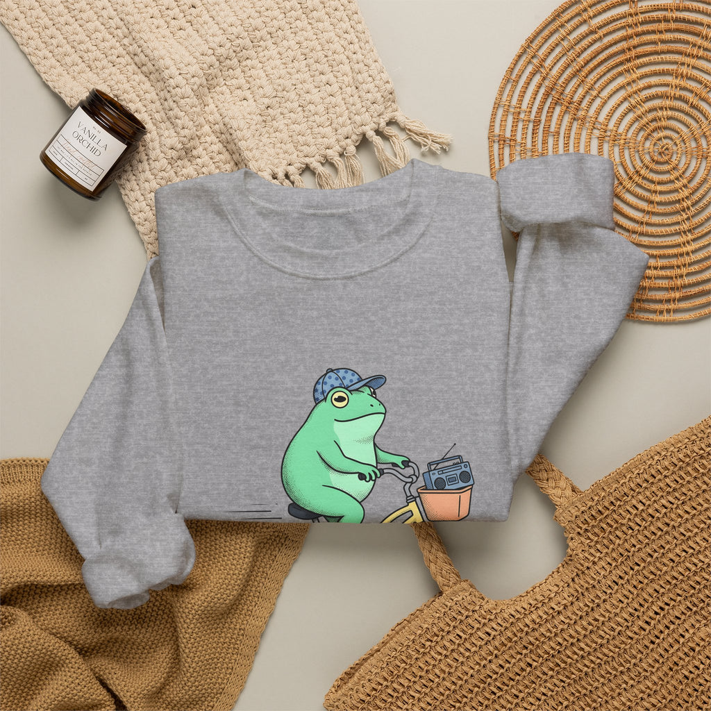 Frog Cycle Sweatshirt Funny Critters Gift Women Graphic Sweatshirt Toad Sweatshirt Humor Fan Cartoon Sweatshirt Creature Graphic Old School Music Player Sweatshirt