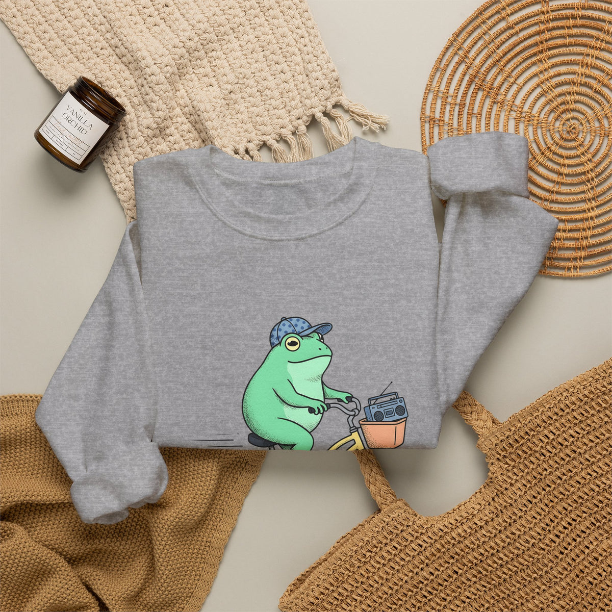 Frog Cycle Sweatshirt Funny Critters Gift Women Graphic Sweatshirt Toad Sweatshirt Humor Fan Cartoon Sweatshirt Creature Graphic Old School Music Player Sweatshirt