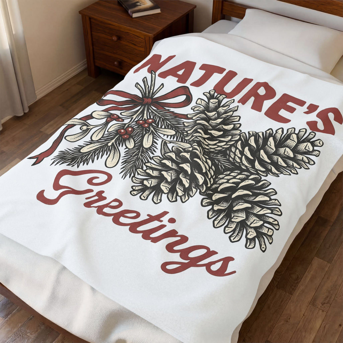 Pinecone Twig Blanket Christmas Outdoors Gift Women Retro Blanket Branch Blanket Xmas Fan Evergreen Graphic Blanket Sketch Ribbon Blanket