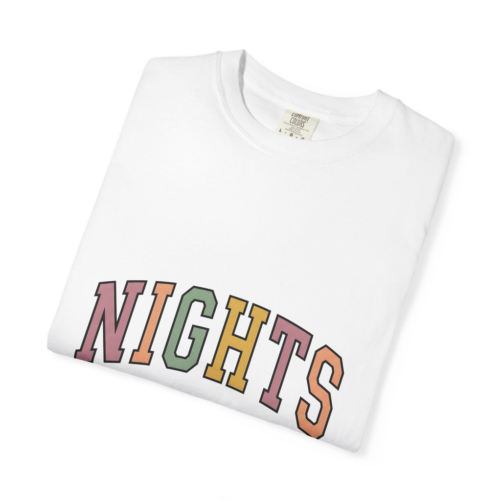 Varsity Lettering Design T-Shirt Nurses Graveyard Shift Gift Women Pale Hues T-Shirt Letterman T-Shirt Nursing Enthusiast Pastel T-Shirt Night