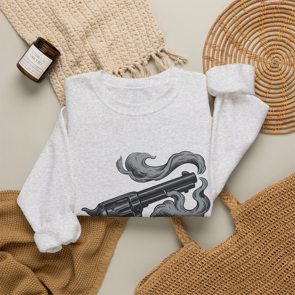 Revolver Gun Sweatshirt Cowgirl Western Gift Women Vintage Sweatshirt Handgun Sweatshirt Rodeo Fan Retro Sweatshirt Cowboy Graphic Hand Drawn Smoke Sweatshirt