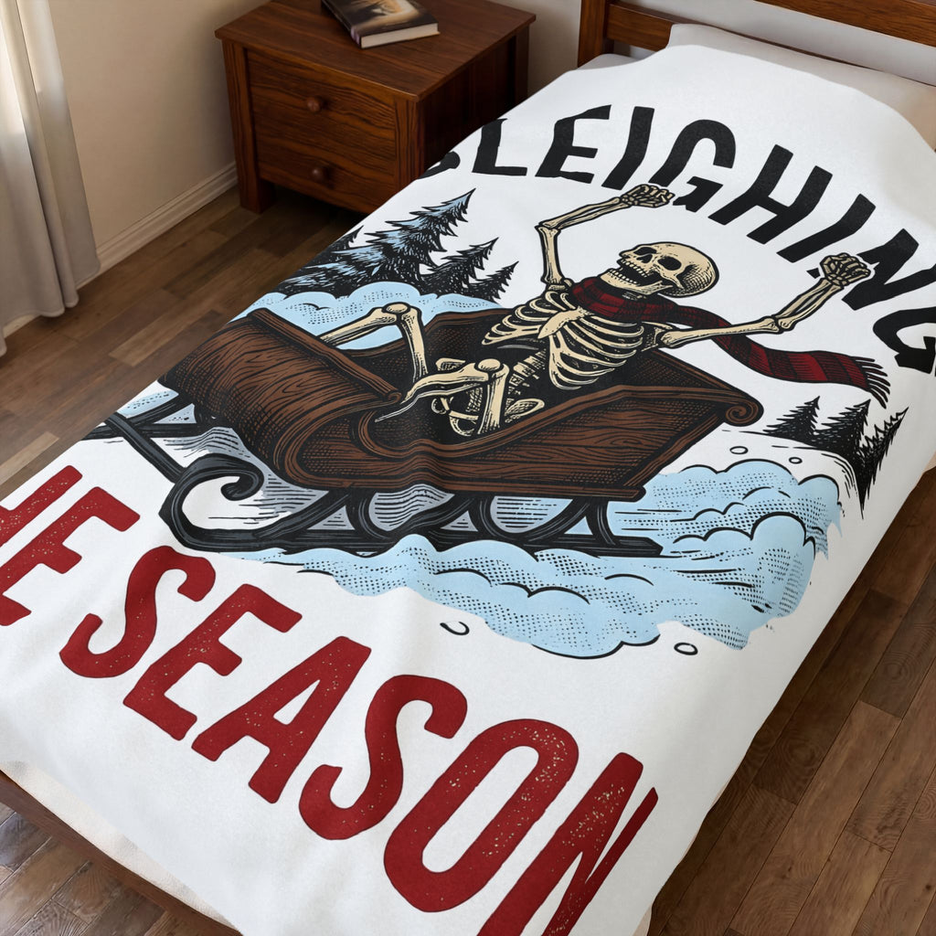 Bone Sleigh Blanket Christmas Comedy Gift Women Shabby Chic Blanket Sleigh Bell Blanket Xmas Fan Distressed Blanket Humor Graphic Doodle Fir Trees