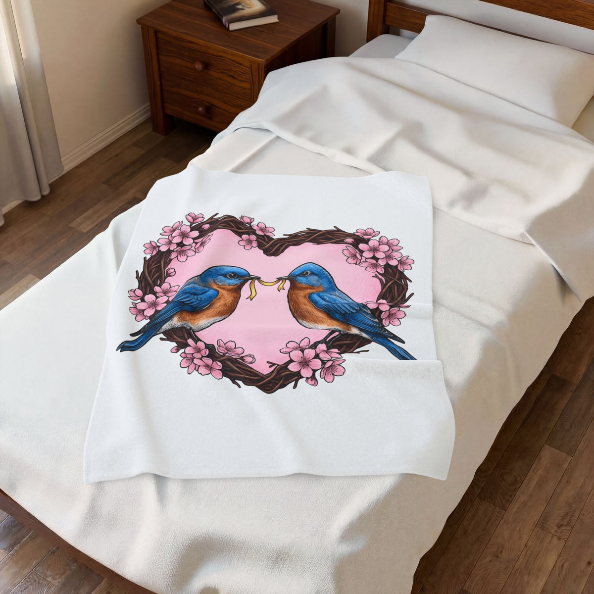 Bluebirds Heart Blanket Cute Romantic Gift Women Hand Drawn Blanket Lovebird Blanket Adorable Fan Illustrated Blanket Amorous Graphic Vintage