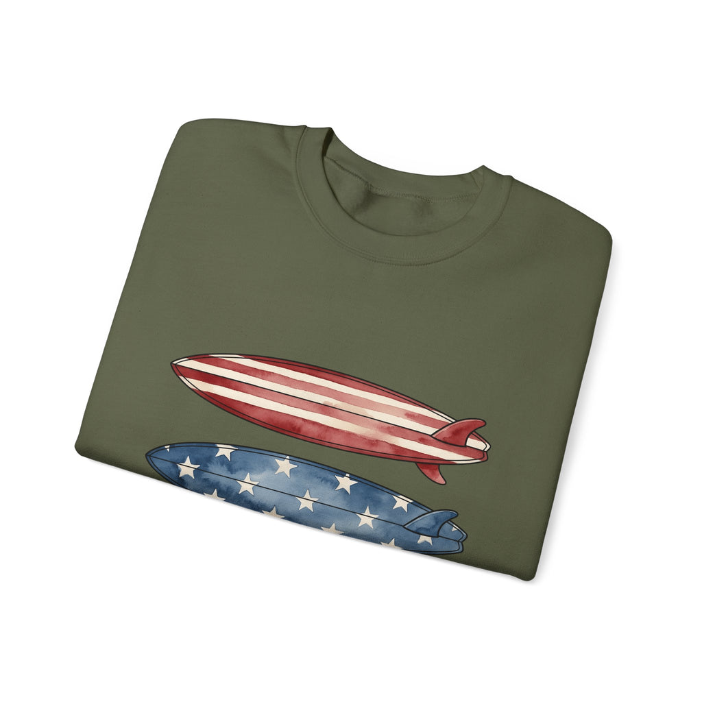 American Surfboards Sweatshirt 4th Of July Ocean Gift Women Painting Sweatshirt Surfboard Sweatshirt Independence Day Fan Artistic Sweatshirt Sea Graphic Retro