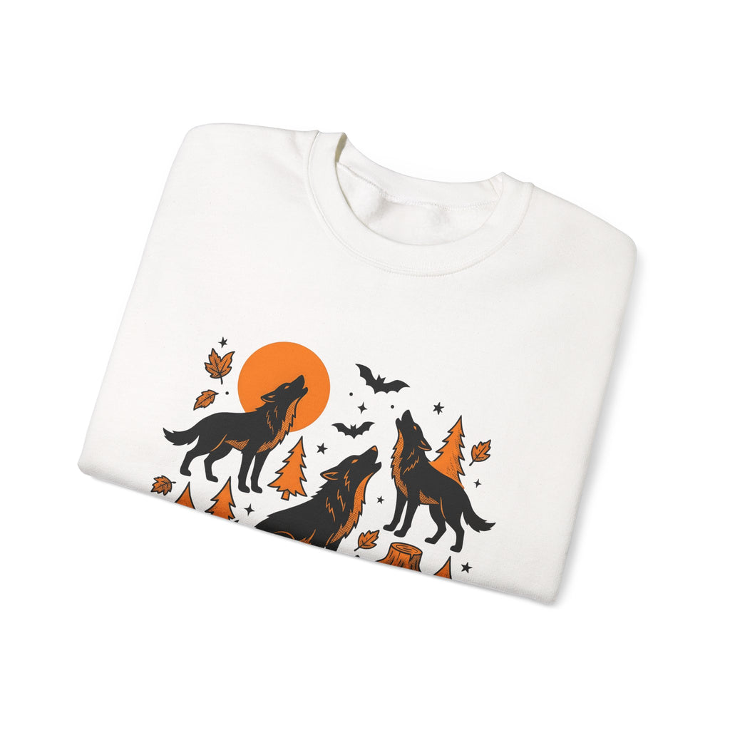 Wolf Crew Sweatshirt Halloween Fauna Gift Women Minimalist Sweatshirt Wolf Pack Sweatshirt Horror Fan Werewolf Sweatshirt Wildlife Graphic Sketch Bats Flying