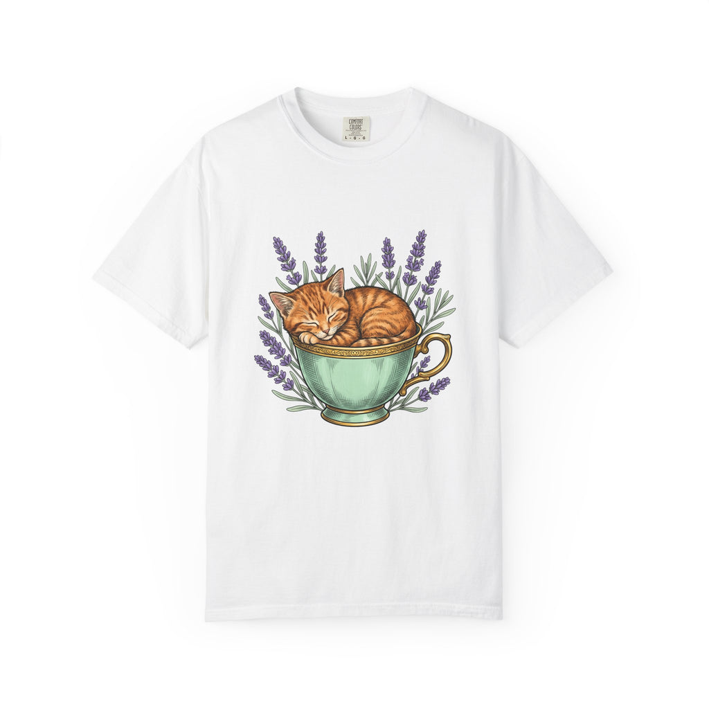 Kitten Cup T-Shirt Cat Garden Gift Women Line Art T-Shirt Cat T-Shirt T-Shirt Cat Fan Feline Graphic T-Shirt Floral Design Hand Painted Flower T-Shirt