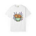 Kitten Cup T-Shirt Cat Garden Gift Women Line Art T-Shirt Cat T-Shirt T-Shirt Cat Fan Feline Graphic T-Shirt Floral Design Hand Painted Flower T-Shirt