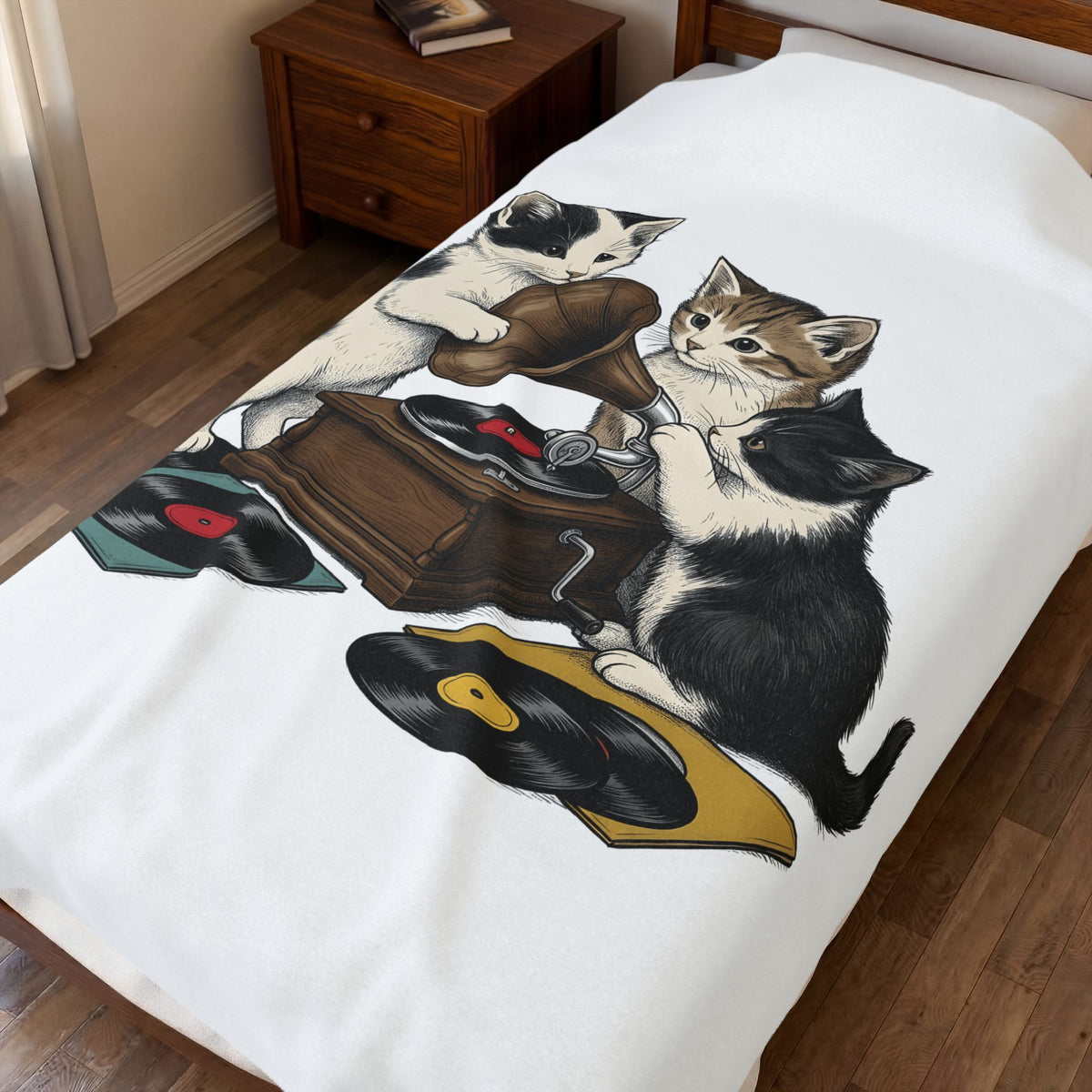 Cats Turntable Blanket Cat Songs Gift Women Sketch Blanket Record Player Blanket Feline Fan Vinyl Blanket Music Graphic Cartoon Lp Discs Blanket