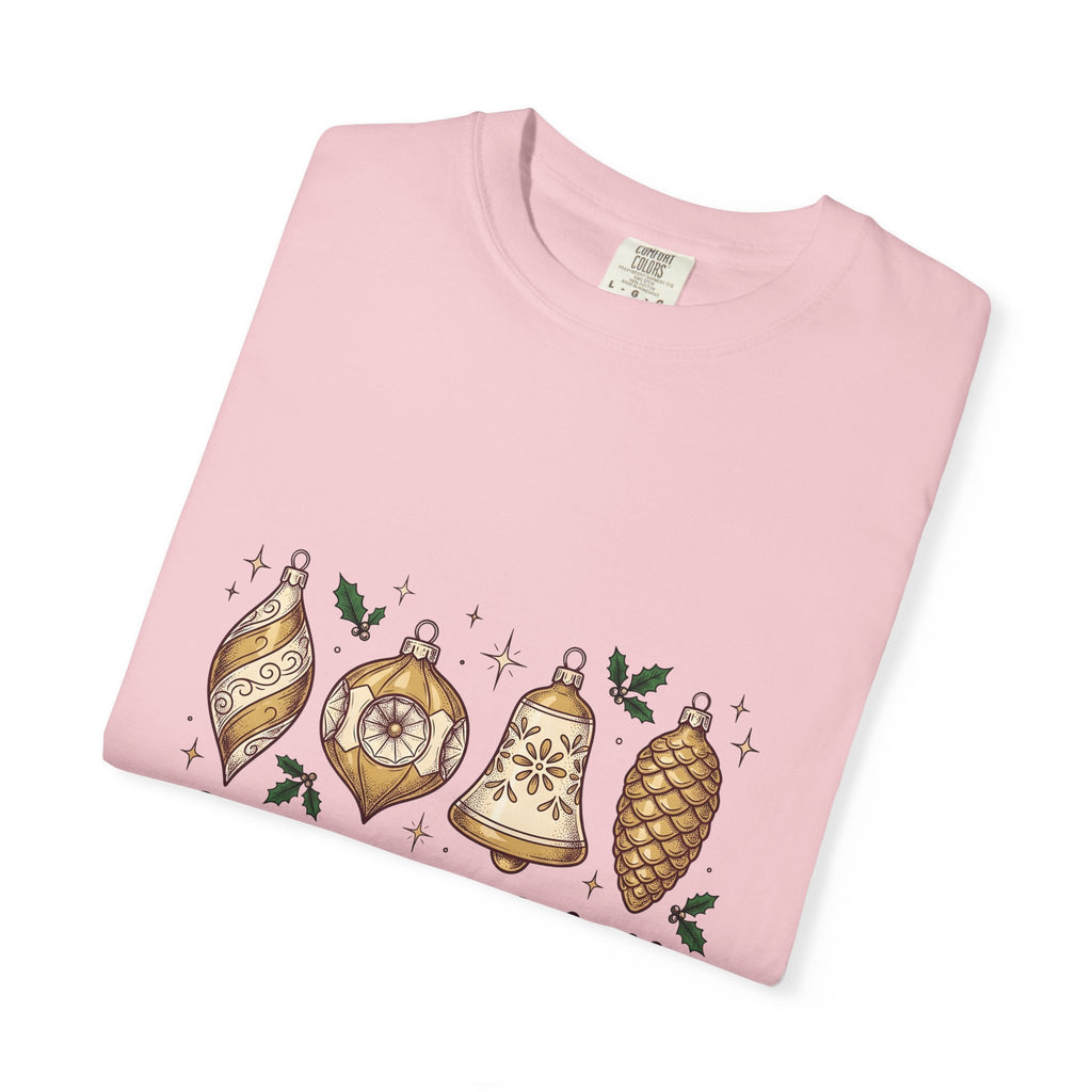 Festive Ornaments T-Shirt Christmas Event Gift Women Line Art T-Shirt Baubles T-Shirt Xmas Fan Illustration Graphic T-Shirt Hand Painted Pine