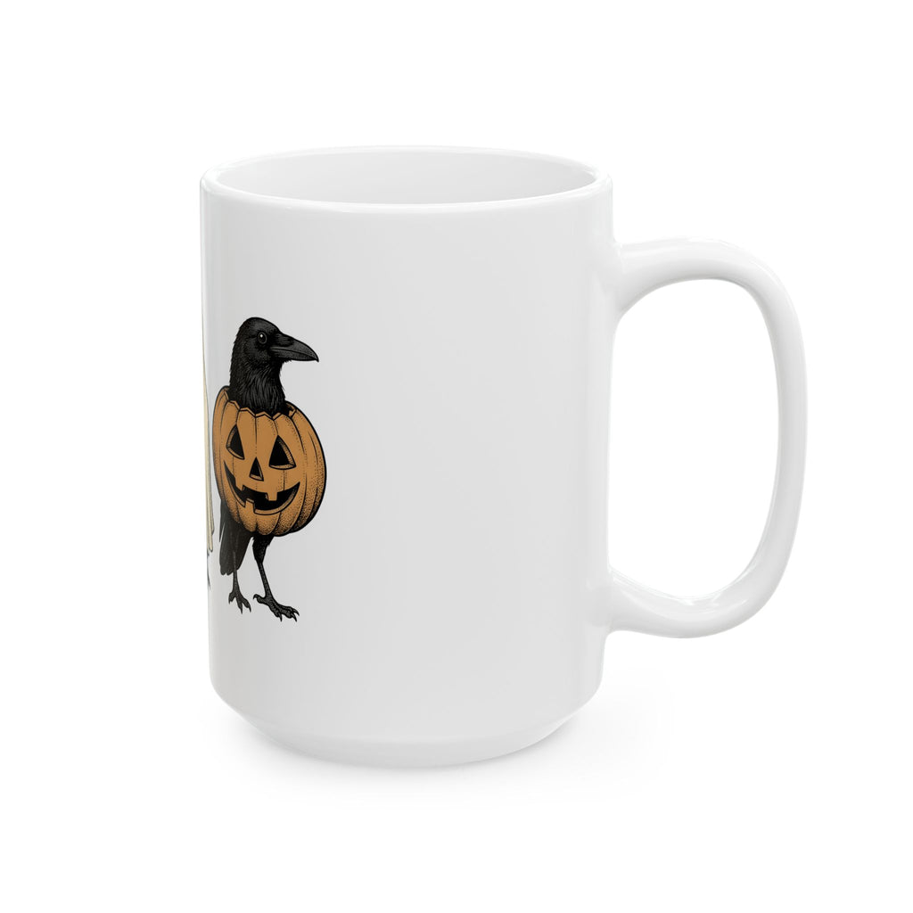 Raven Outfit Mug Halloween Horror Gift Women Retro Mug Crow Outfit Mug Horror Fan Creepy Graphic Mug Sketch Jack-O-Lantern Mug