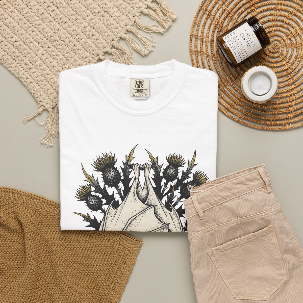 Bat Design T-Shirt Halloween Greenery Gift Women Macabre T-Shirt Bat T-Shirt Horror Fan Dark T-Shirt Foliage Graphic Sketch Bloom T-Shirt