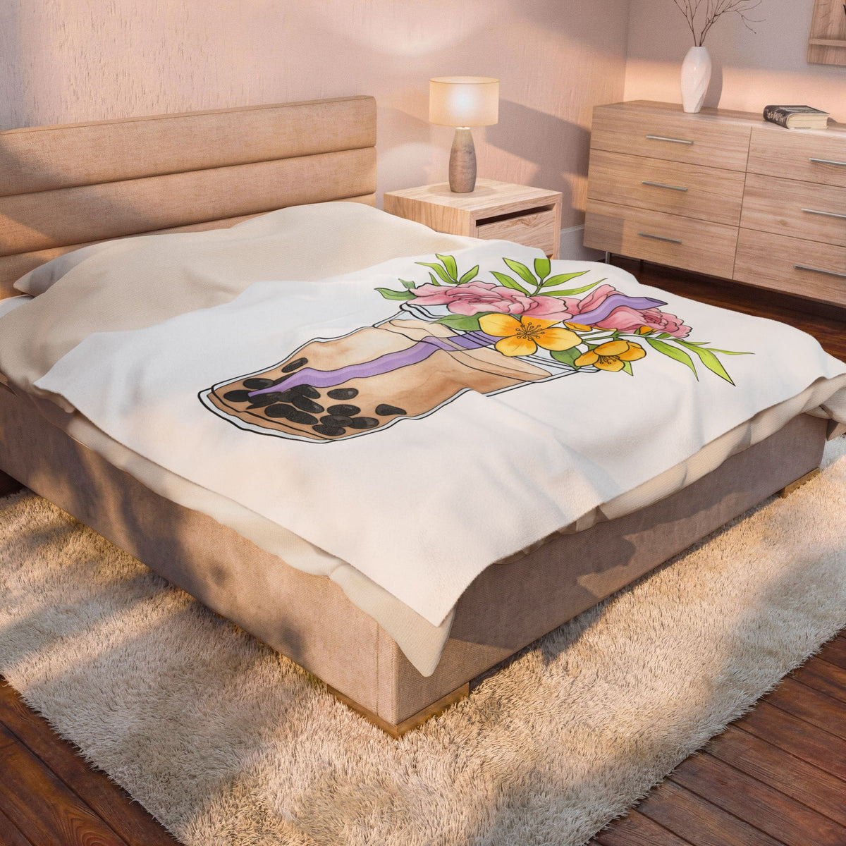 Tea Flower Bouquet Blanket Drinks Blossom Gift Women Acrylic Blanket Floral Arrangement Blanket Beverage Fan Painted Blanket Flower Graphic Line