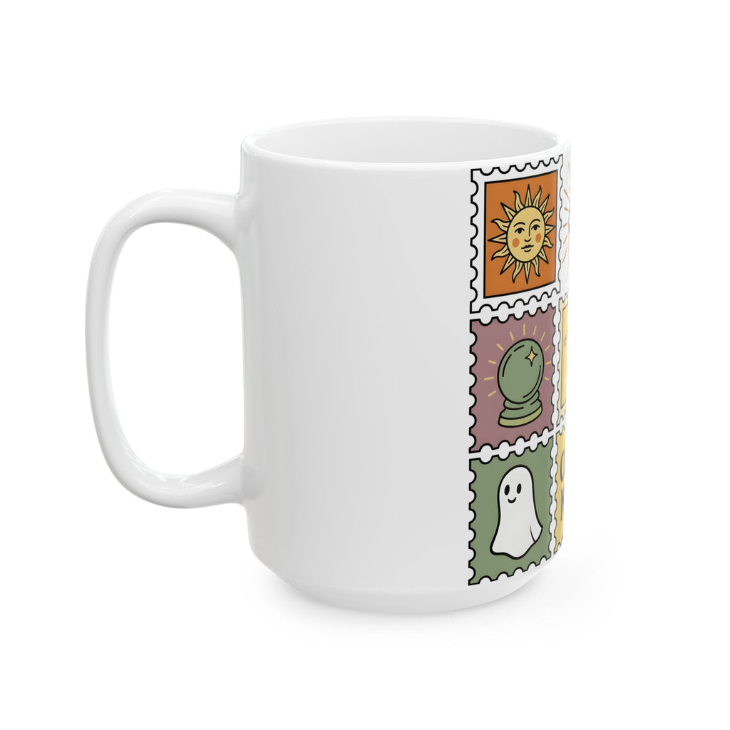 Magic Stamps Mug Halloween Zodiac Gift Women Hippie Mug Rubber Stamp Mug Horror Fan Psychedelic Mug Astrology Graphic Vintage