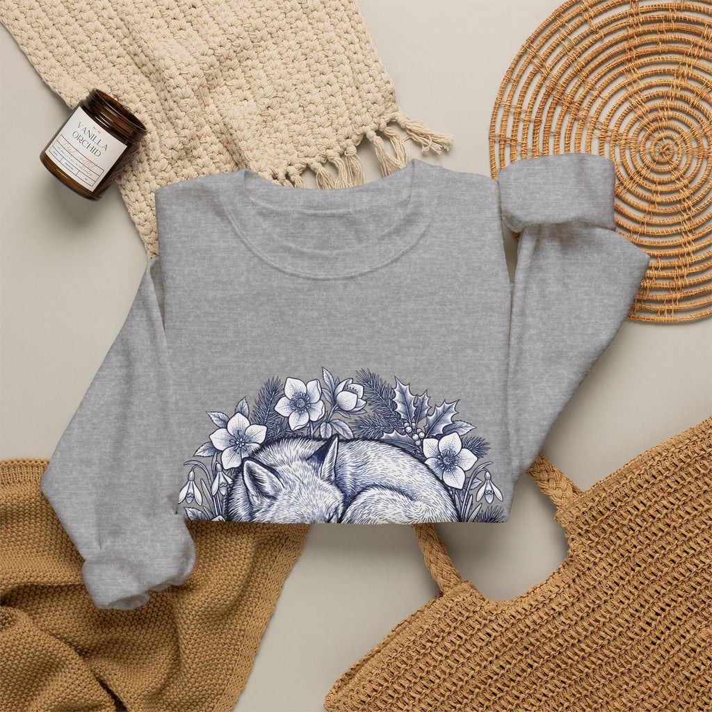 Fox Blossom Sweatshirt Christmas Creature Gift Women Cartoon Sweatshirt Flower Sweatshirt Xmas Fan Comic Sweatshirt Beast Graphic Hand Drawn Pine Branch Sweatshirt