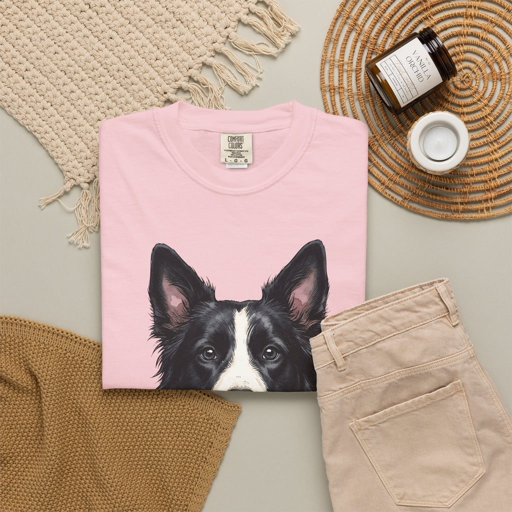 Border Collie Puppy T-Shirt Dog Pets Gift Women Line Art T-Shirt Puppy T-Shirt Dog Fan Collie T-Shirt Animal Graphic Hand Drawn Woven Collar T-Shirt