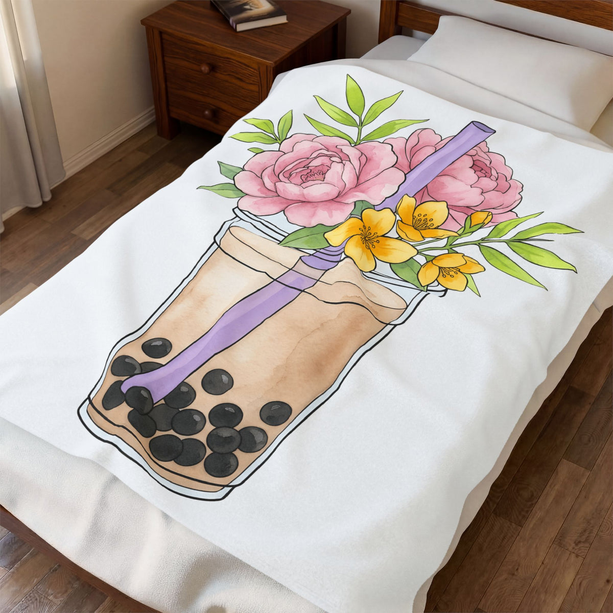 Tea Flower Bouquet Blanket Drinks Blossom Gift Women Acrylic Blanket Floral Arrangement Blanket Beverage Fan Painted Blanket Flower Graphic Line