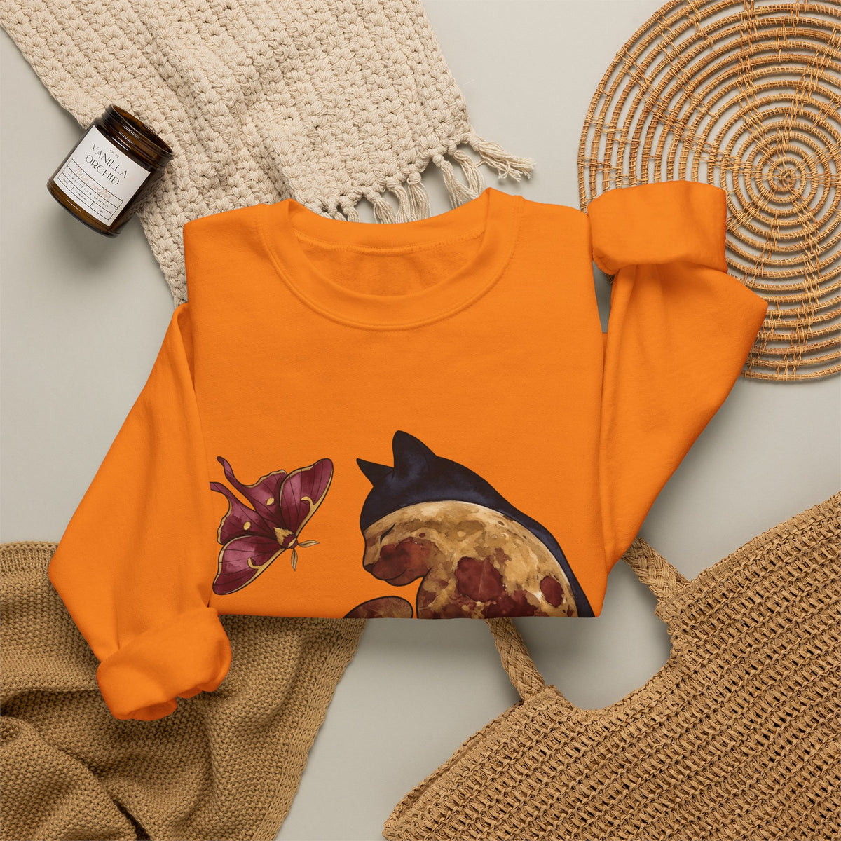 Night Cat Sweatshirt Cat Cosmos Gift Women Paint Sweatshirt Kitty Sweatshirt Cat Fan Artistic Sweatshirt Universe Graphic Galaxy Moth Sweatshirt