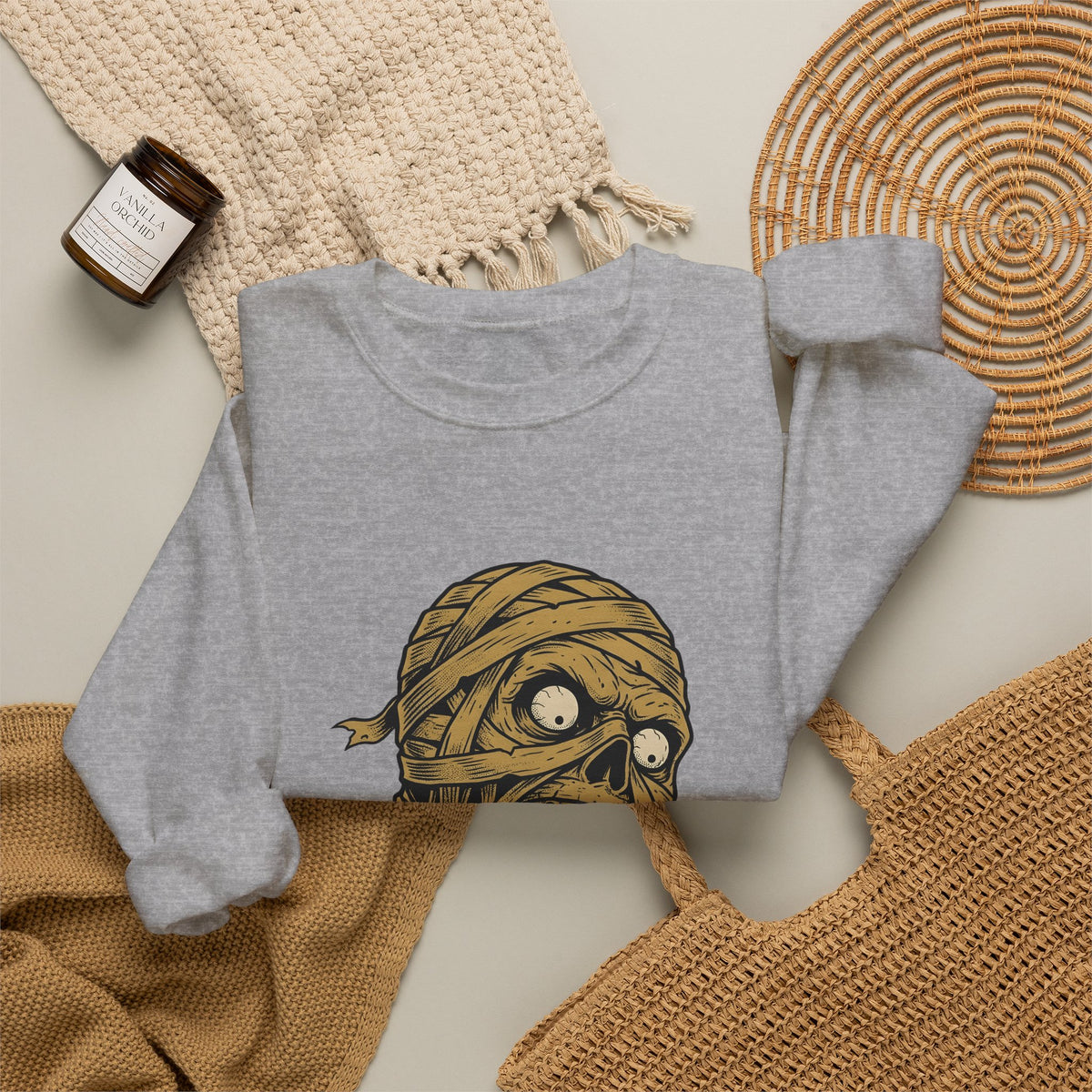 Mummy Skull Sweatshirt Halloween Ghost Gift Women Creepy Sweatshirt Skull Sweatshirt Horror Fan Spooky Sweatshirt Specter Graphic Classic Scarab Sweatshirt