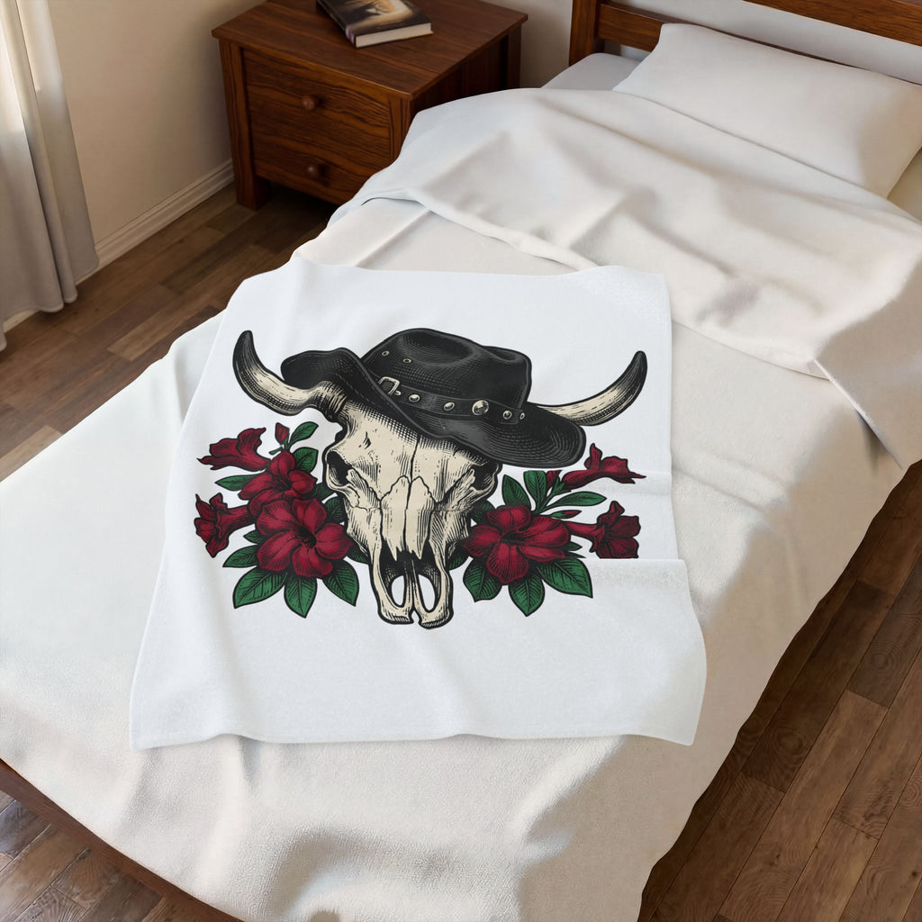 Bull Skull Hat Blanket Cowgirl Ranch Gift Women Line Art Blanket Skull Cap Blanket Cowgirl Fan Illustration Graphic Retro Crimson Blooms Blanket