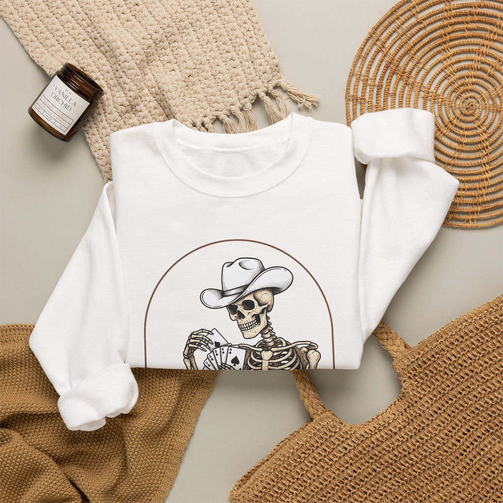 Skeleton Rancher Sweatshirt Halloween Cowboy Gear Gift Women Shabby Chic Sweatshirt Skeleton Sweatshirt Horror Fan Distressed Graphic Sweatshirt Doodle Card