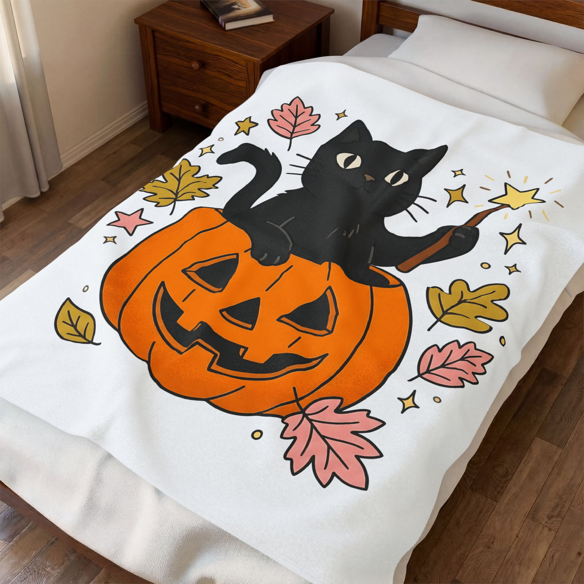 Black Cat Pumpkin Blanket Halloween Cat Gift Women Cute Blanket Cat Blanket Horror Fan Kawaii Blanket Feline Graphic Hand Drawn Magic Wand Blanket