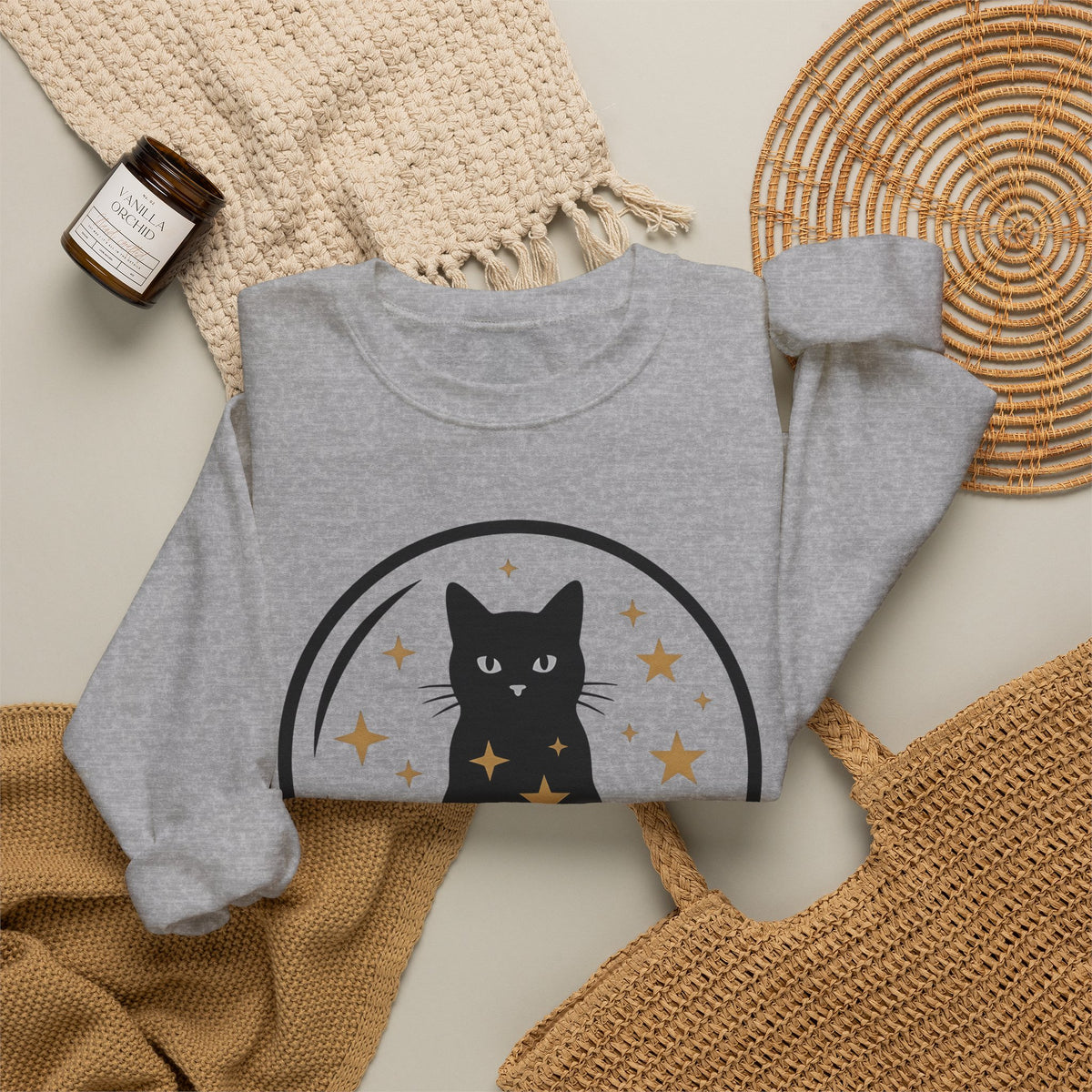 Dark Cat Orb Sweatshirt Cat Magic Gift Women Simple Sweatshirt Black Cat Ball Sweatshirt Cat Fan Feline Graphic Sweatshirt Retro Sparkles Sweatshirt