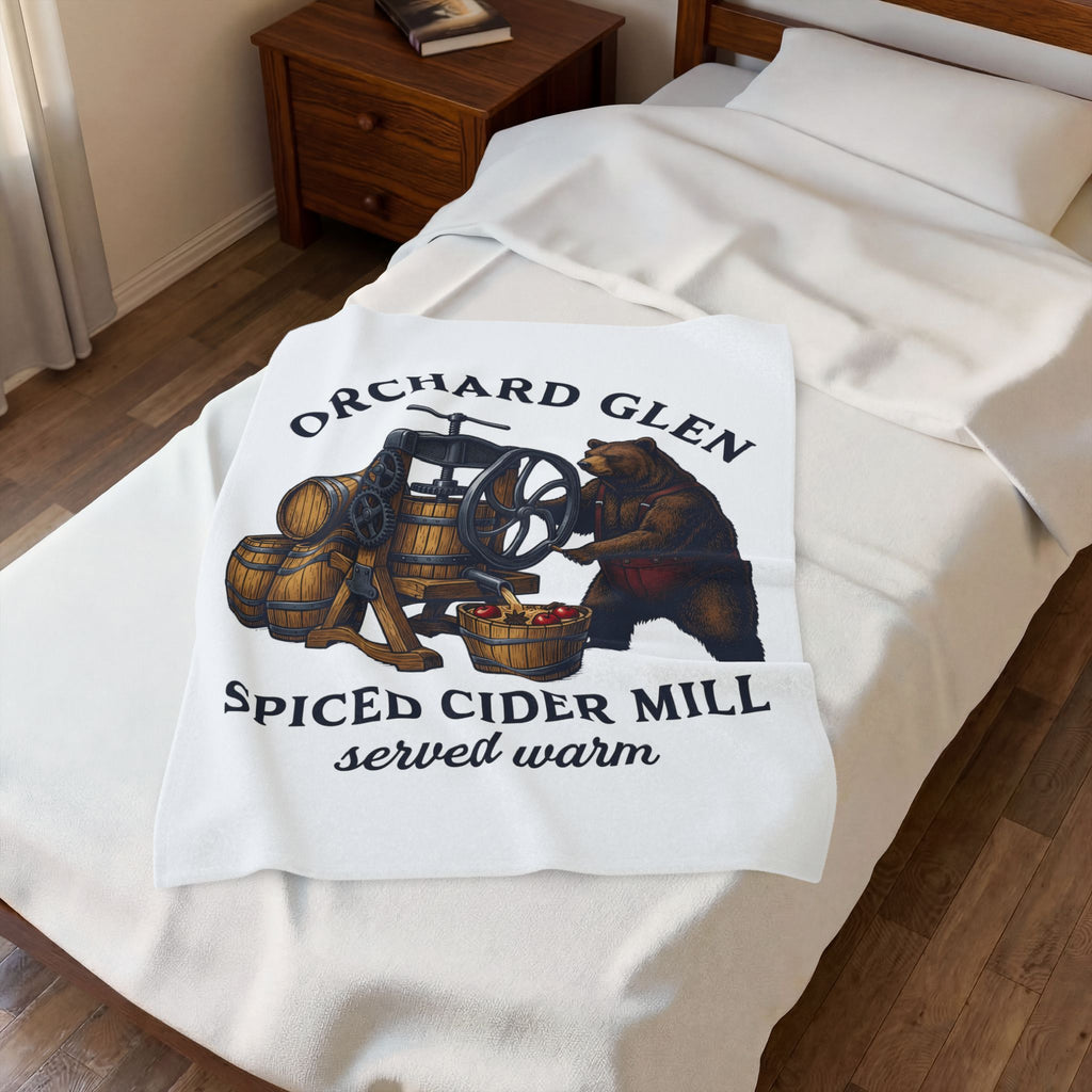 Bear Cider Machine Blanket Christmas Leaves Gift Women Old Fashioned Blanket Cider Press Blanket Xmas Fan Vintage Blanket Foliage Graphic Ink