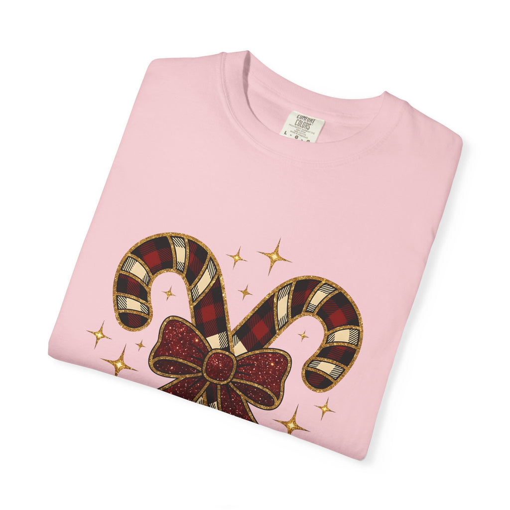 Striped Candy Bow T-Shirt Christmas Event Gift Women Glimmer T-Shirt Candy Bow T-Shirt Christmas Fan Sparkle T-Shirt Party Graphic Gingham Star