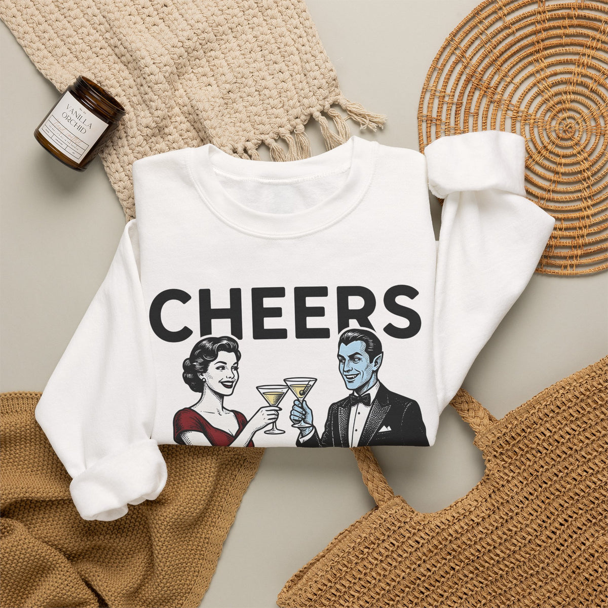 Vampire Duo Sweatshirt Halloween Event Gift Women Antique Sweatshirt Vampire Couple Sweatshirt Horror Fan Spooky Sweatshirt Party Graphic Old School Wine Glass